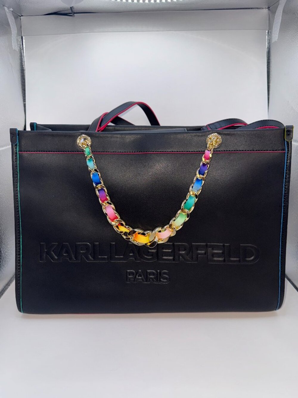 Karl Lagerfeld Paris Savoie Black Leather Tote Bag Rainbow Chain Handle LH5AC2DL